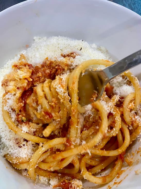 Amatriciana pasta bowl made at home.