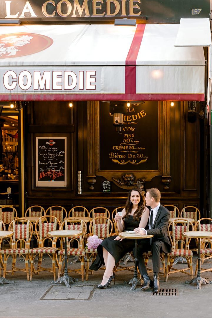 dina and Scott drinking espresso at café la comedie: photoshoot in Paris