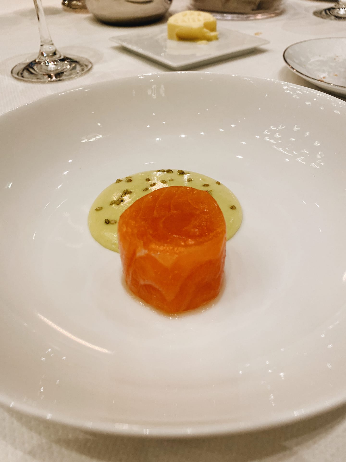 SALMON: Smoked in cherry tree wood, Confit, Wasabi