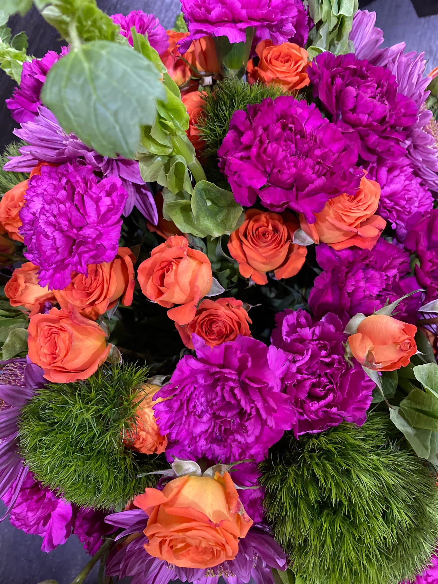 Fuscia and orange floral variety from the grocery store.